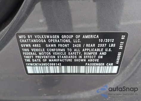 2013 Volkswagen Passat 2.0L Tdi Sel Premium z USA, uszkodzony, nr VIN 1VWCN7A39DC058142